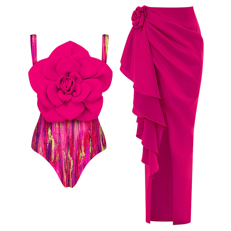 Black White Three Dimensional Big Floral One Piece Swimsuit Women Beach Vacation Suit Skirt Bella Mia